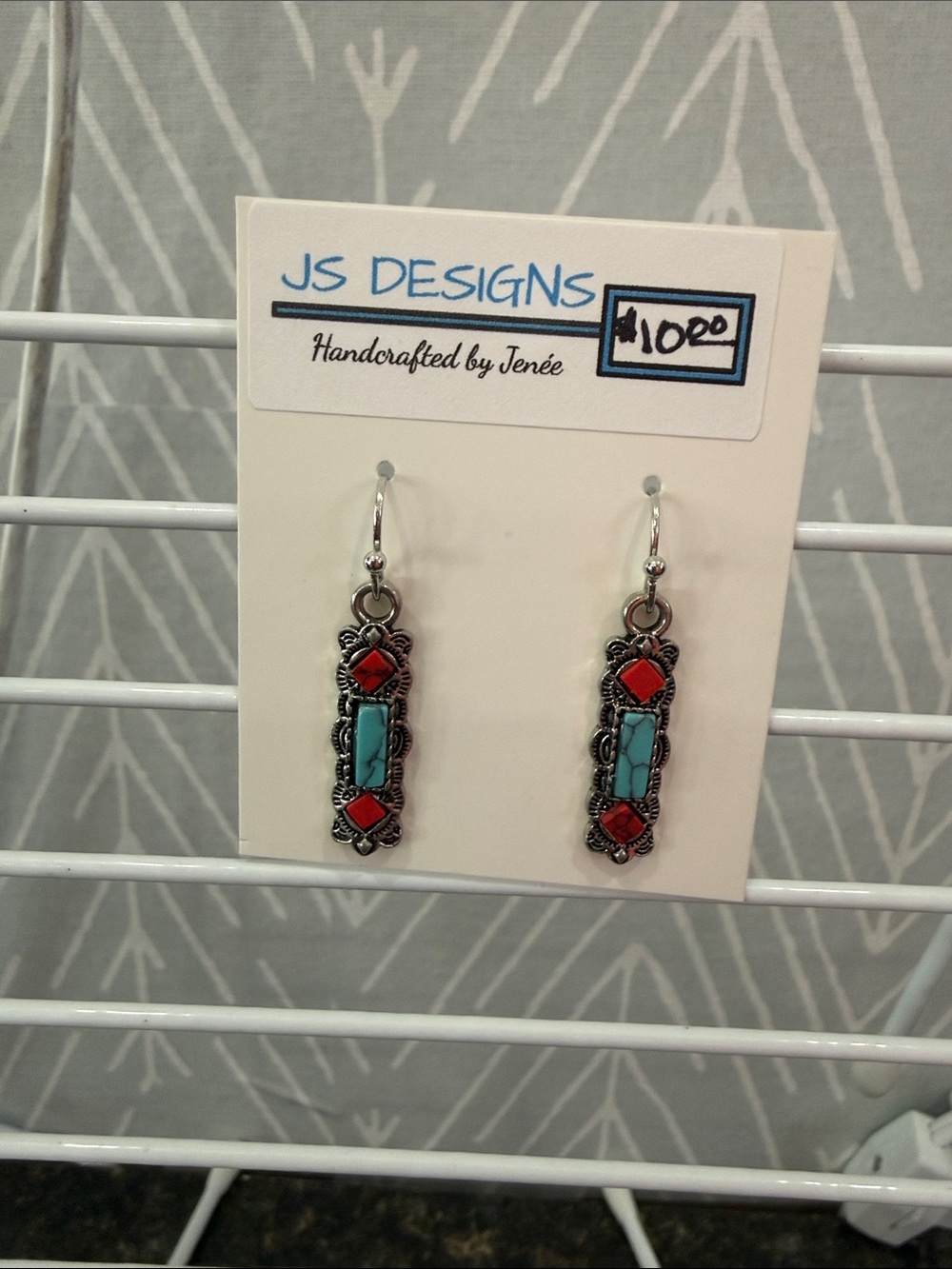 JS Designs Turquoise and Coral Red Filigree Drop Earrings